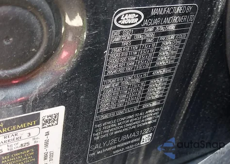 2021 Land Rover Range Rover Velar P340 S z USA, uszkodzony, nr VIN SALYJ2EU8MA312227